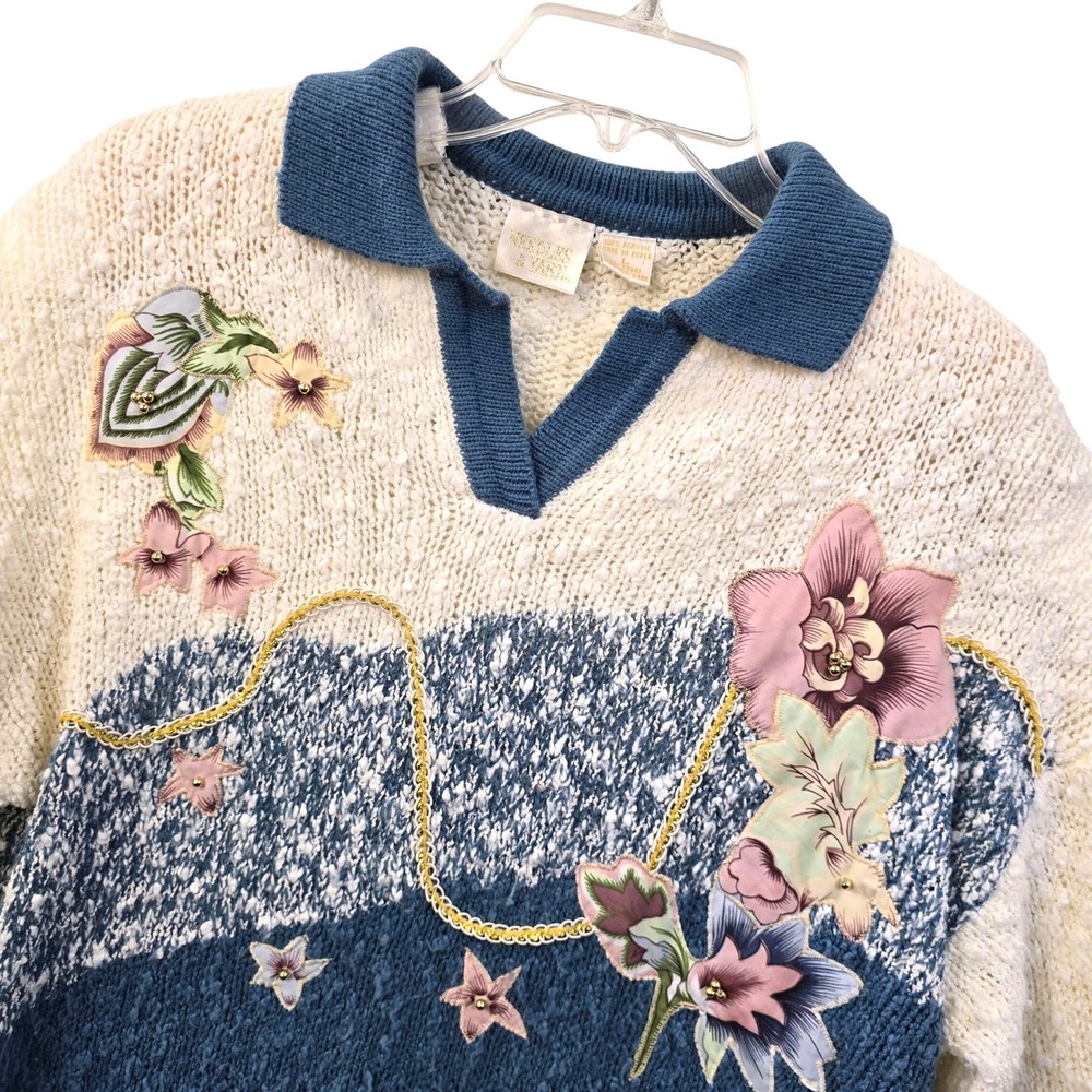 Vintage Needles & Yarn Floral Applique Sweater Womens Large Cottagecore Grandma